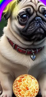 Adorable pug with a rainbow and orange sphere.