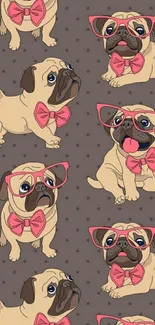 Cute pugs with glasses and pink bows on brown background.