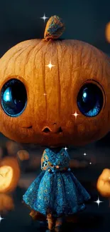 Cute pumpkin-themed doll with big eyes, blue dress, in a whimsical autumn setting.