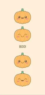 Cute pumpkins on beige background with Halloween theme.