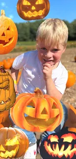 Child smiling in a pumpkin patch with glowing jack-o'-lanterns around.