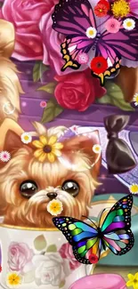 Cute puppies with colorful butterflies and flowers in a digital art style.