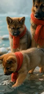Three puppies with red scarves by a serene water's edge.