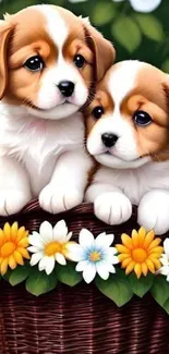 Two cute puppies in a floral basket.