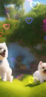 Cute fluffy puppies in a vibrant garden with glowing heart accents.