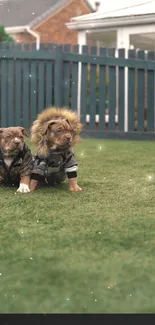 Two cute puppies in winter jackets on a grassy lawn with a house and fence backdrop.