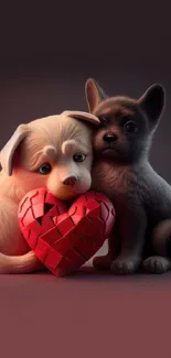 Two adorable puppies hugging a red heart, set against a soft background.