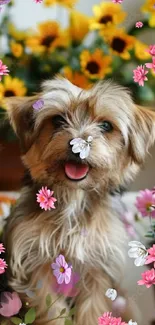 Happy puppy surrounded by colorful flowers