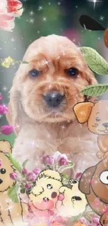 Cute puppy with cartoon animals and flowers in colorful wallpaper.