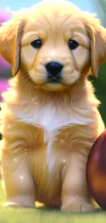 Adorable golden puppy with a ball on green grass, vibrant phone wallpaper.