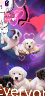 Cute puppies and kitten with colorful hearts on mobile wallpaper.