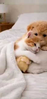 Puppy and kitten cuddled up on a bed with a soft blanket.