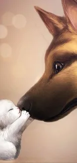 Puppy and kitten share a gentle kiss in a heartwarming mobile wallpaper.