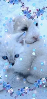 Adorable puppy and kitten with blue floral frame and sparkles.