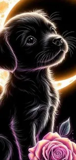 Neon art of a puppy with a glowing moon and pink rose.