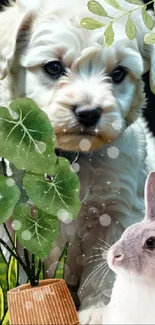 Cute puppy and rabbit with green leaves wallpaper.