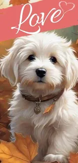 White puppy in autumn leaves with love tag.