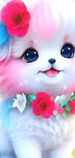 Adorable puppy with floral crown in vibrant pink hues for mobile wallpaper.