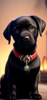 Adorable black puppy with a red collar sitting by a warm fireplace.