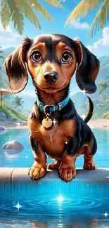 Dachshund puppy by a tropical lagoon with palm trees and sparkling water.