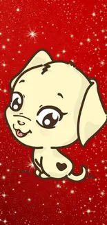 Cartoon puppy on a red starry background wallpaper.