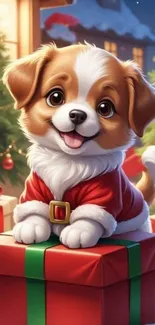 Cute puppy in Santa outfit sitting on a gift box with Christmas decor.