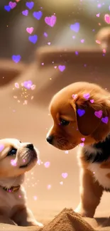 Two playful puppies in a sandy desert setting.