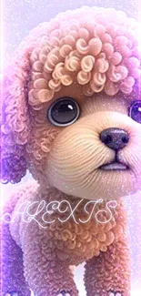 Adorable curly-haired puppy with sparkles and pink hues in digital art wallpaper.