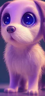 Cartoon puppy with big blue eyes and purple hues on a mobile wallpaper.