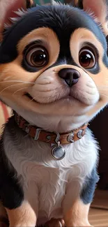 Adorable digital puppy with big eyes and collar.