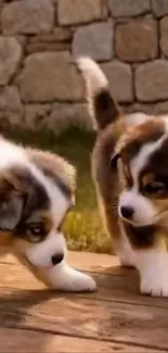 Two playful puppies on a wooden deck in front of a stone wall.