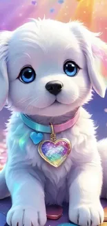 Adorable white puppy with rainbow collar in a fantasy setting.