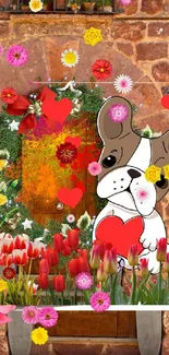 Cute puppy with hearts and flowers on a rustic background.