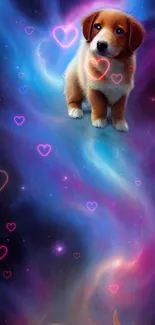 Cute puppy in a colorful galaxy with hearts.