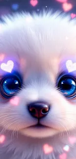 Adorable puppy with big blue eyes and heart effects on mobile wallpaper.