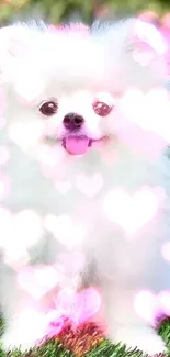 Fluffy white puppy with pink heart lights on a grassy background.