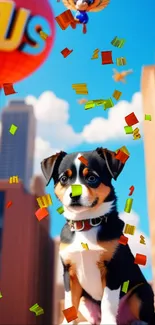 Adorable puppy with colorful confetti in a vibrant city background.