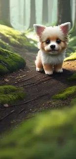 Adorable puppy on a mossy forest path under dappled sunlight.