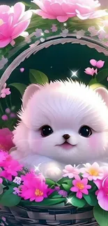 Fluffy white puppy in a basket with pink flowers.