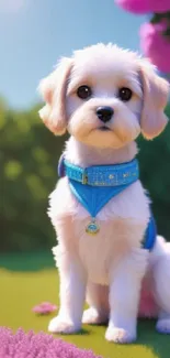 White puppy in a colorful garden setting, wearing a blue collar.