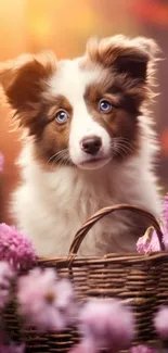 Adorable puppy with blue eyes in a flower-filled basket wallpaper.