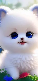 Fluffy white puppy with big blue eyes in a colorful flower garden.