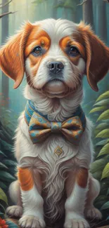 Puppy with bowtie sitting in a lush forest setting with flowers.