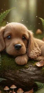 Cute puppy resting on a mossy log in a forest setting.