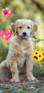 Golden retriever puppy in forest with emojis.