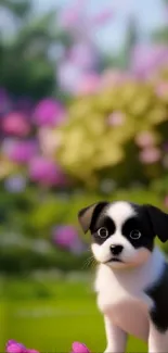 Cute puppy in vibrant garden with pink flowers.