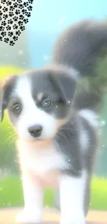 Adorable Border Collie puppy in a green meadow with paw prints.