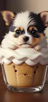 Fluffy puppy nestled in a muffin cup, creating a sweet and adorable scene.