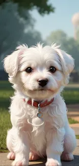 Adorable white puppy sitting on a stone path in a lush green park.