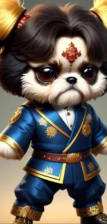 Cartoon puppy in blue and gold royal costume with fluffy fur.